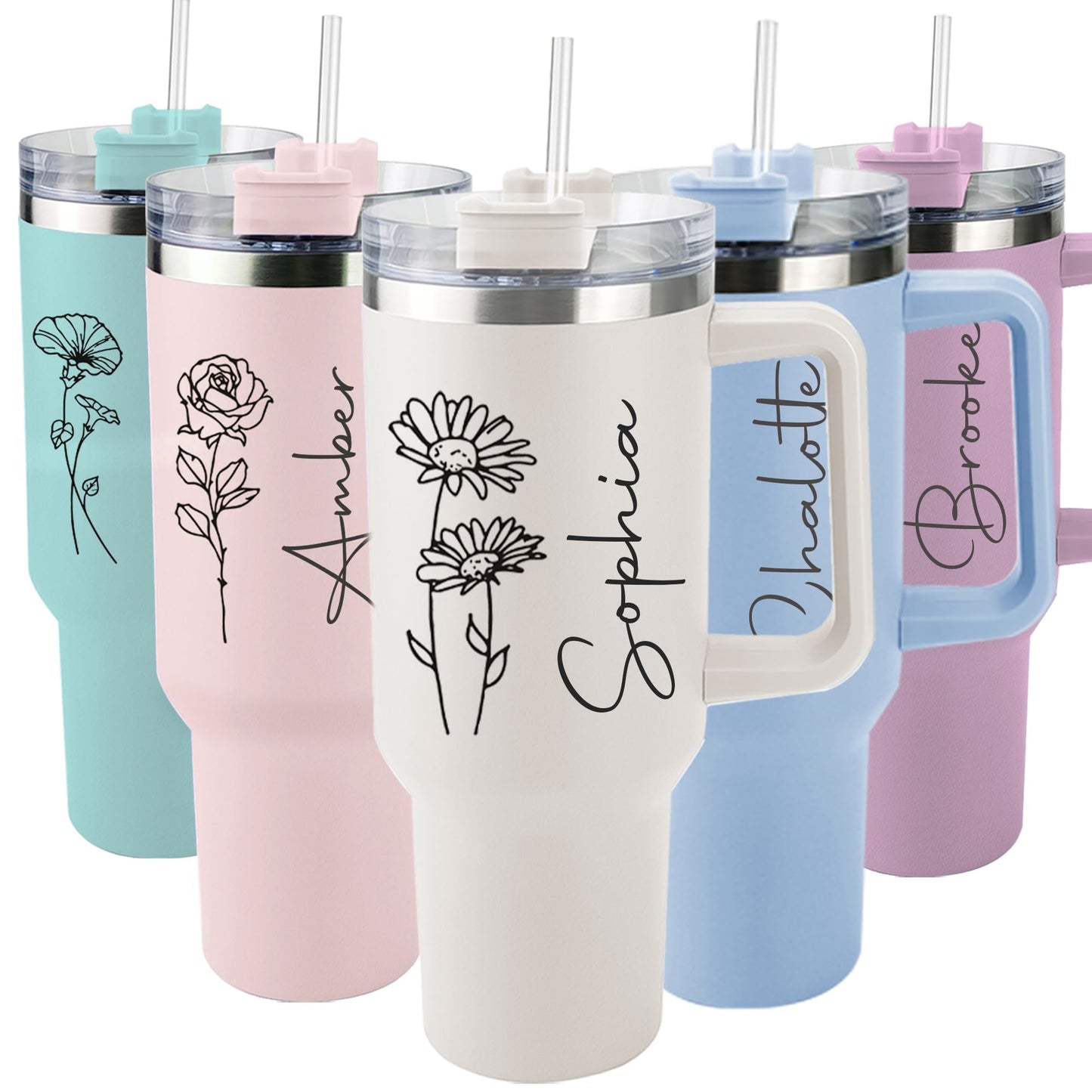 ThermoThrill Ships Next Day, Personalized 40 Oz Tumbler with Handle and Straw Custom Tumbler with Text Stainless Steel Mug Birthday Gifts for Women