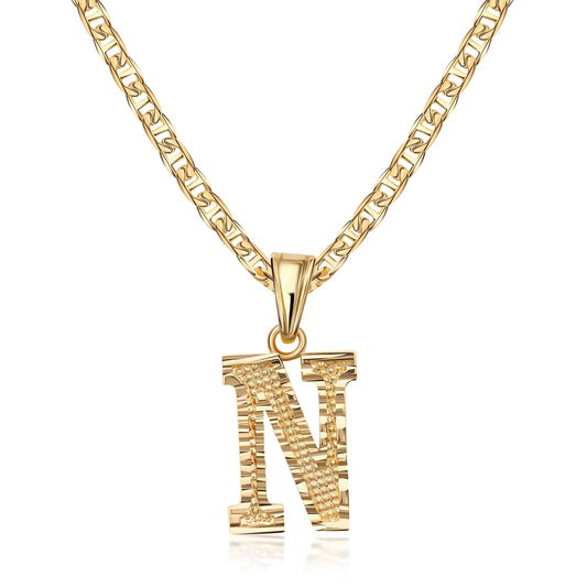 Barzel 18K Gold Plated Initial Necklace with Diamond Cut Initial,18" Chain with 2" Extension, Waterproof, High Polish Finish, Made in Brazil (N)